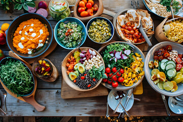 Vegetarian food concept. Set of healthy vegetarian food, salad with bulgur porridge and vegetables, stuffed eggplant, vegetables, mango, avocado and snacks on a wooden table, top view - obrazy, fototapety, plakaty
