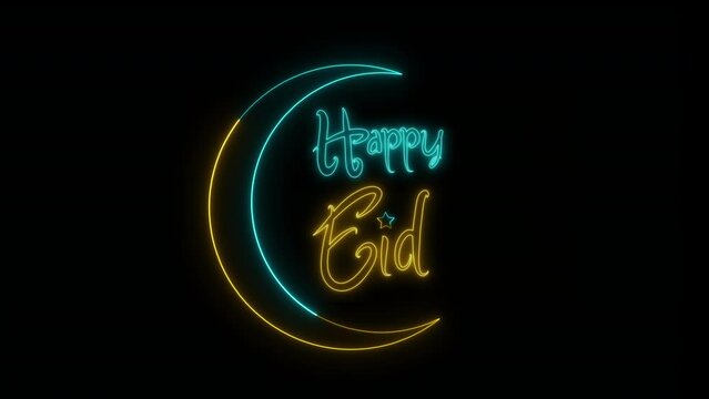 Glowing Neon Happy Eid Design Element with Isolated Glowing Crescent and Stars. Happy Eid Celebration Background for Ramdan Kareem and Eid Mubarak Greeting Card.