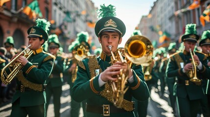 Energetic marching band in green uniforms. St. Patrick's Day parade. AI Generated - obrazy, fototapety, plakaty