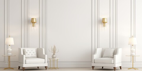 ed luxury living room design with white armchairs, a lamp, and a vintage-style white wall in a minimal, empty room.