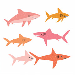 Clipart de tubarões nas cores rosa, bege e laranja isolado no fundo branco