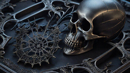 Dark Gothic setting, creepy background, coffins, skeletons, spiders and bats. Generative AI, Generative, AI