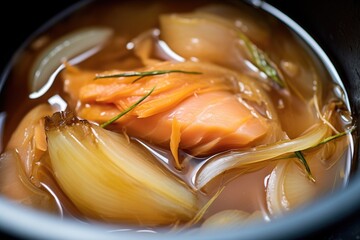 close-up of caramelized onions in rich broth