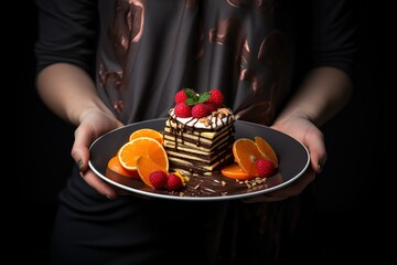 a person is holding a plate with desserts and chocolate on it