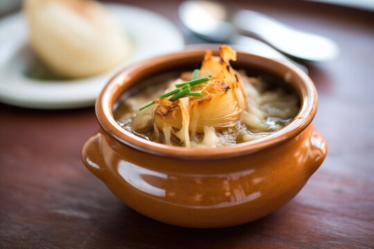 french onion soup in a traditional lions head bowl