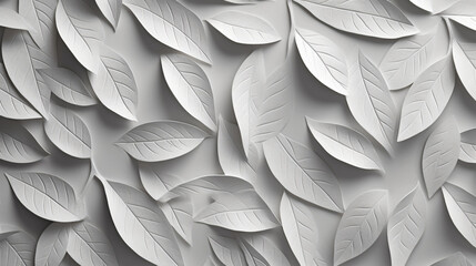 3d leaves made from paper, in the style of monochrome abstraction, impressionist lightness, light white and light gray, textured, layered surfaces, abstract minimalism appreciator, eye-catching