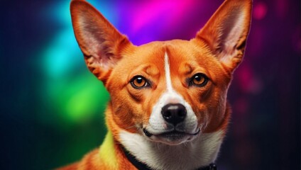 A portrait photo featuring a Basenji Dog with neon lights in the background