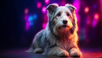 A portrait photo of a Bearded Collie dog with a neon lights in the background, creating an eye-catching and vibrant atmosphere