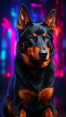 A portrait of a Beauceron Dog with neon lights in the background, shaping an eye-catching and vibrant scene