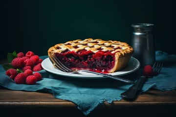 a strawberry and raspberry pie on the table with a fork