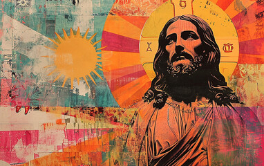 jesus cristo, o salvador, Colagem, estilo pop, retratos impressos em risografia em papel - obrazy, fototapety, plakaty