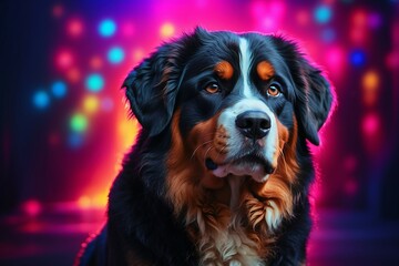 A portrait of a Bernese Mountain Dog with neon lights in the background, creating an eye-catching scene