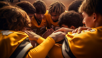 Group of young American football players standing in a huddle together on a sports field in the afternoon discussing before a game - obrazy, fototapety, plakaty
