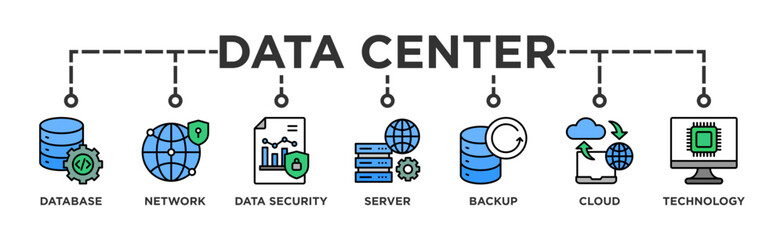 Data center banner web icon vector illustration concept with icon of database, network, data security, server, backup, cloud and technology