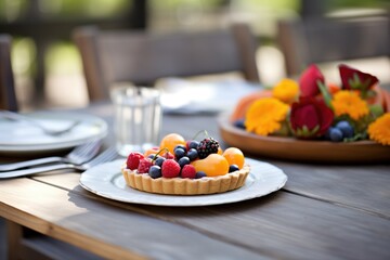 rustic table setting with fruit tart
