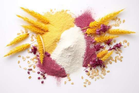 flour and seeds on top of a white background