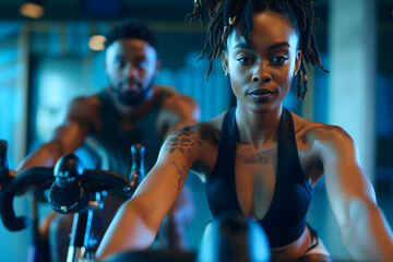 Young african american woman in gym, treadmill, in the background african american mandoing a spinning class at a gym