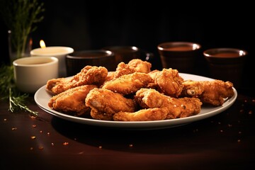 fried chicken tenders with dipping sauce,  a plate with fried chicken wings on a dark background