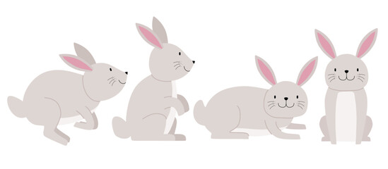 Set of cute rabbit  with many poses. Bunny Vector illustration. 