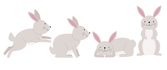 Set of cute rabbit  with many poses. Bunny Vector illustration. 