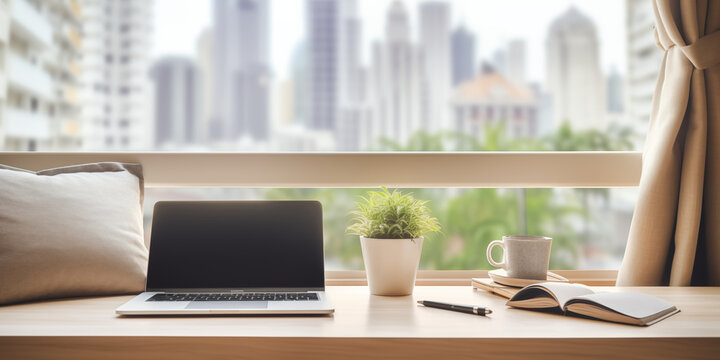 Laptop on the table against the background of the window. Workplace at home, in quarantine. Banner template with place for text.