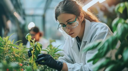Young woman biologist studying plants in laboratory or greenhouse. Generative AI - obrazy, fototapety, plakaty