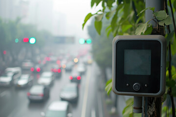 Air quality monitor stationed by a busy urban road enveloped in haze, measuring pollution levels.
