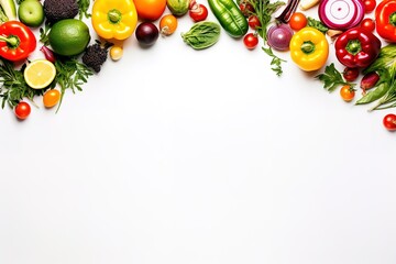 healthy vegetarian food as colorful fruits and vegetables, organic vegetables, and healthy snacks on white background image