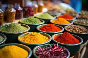 multiple bowls of different spices and spices at a food market