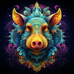 Wild Boar Hog Pig Abstract Colorful Animal God Bright Artistic Fantasy Mystique Digital Generated Illustration