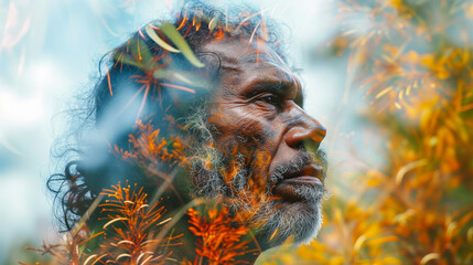 Double exposure portrait of Indigenous Australian man blended with colors of Aboriginal flag