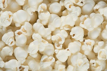 some popcorn is closed up against a white background, in the style of organic abstracts, a pile of white popcorn with white popcorn on the background