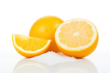 sugar and orange slices on a white background, in the style of caffenol, developing, sliced oranges on white background with sprinkled sugar
