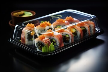 sushi served in a plastic container - Powered by Adobe