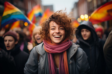 Obraz premium Joyful Young Woman Celebrating at Pride Parade