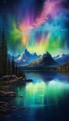 A mesmerizing aurora borealis dancing gracefully over a tranquil mountain lake, reflecting its vibrant hues in the calm waters.