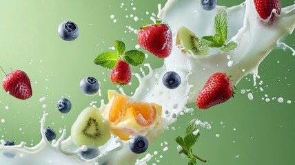 Milk splash with fruits and berries. White liquid with fruits and berries on green background.