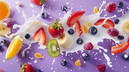 Milk splash with fruits and berries. White liquid with fruits and berries on purple background.