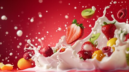 Milk splash with fruits and berries. White liquid with fruits and berries on red background.