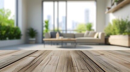 Wooden table with blurred modern apartment interior background, room with wooden floor and window
