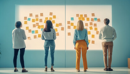 Business people meeting at office and use post it notes to share idea. Brainstorming concept. Sticky note on glass wall. - obrazy, fototapety, plakaty