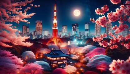 Cherry Blossoms at Tokyo Tower - obrazy, fototapety, plakaty