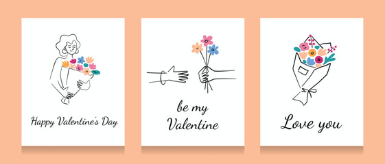Valentines Day cards collection, women with flowers compositions, set of templates, vector arrangements with beautiful flower bouquets, be my valentine, set of cards with love confession
