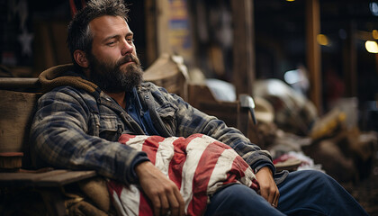 homeless man sleeping on a bench underneath a american flag blanket - obrazy, fototapety, plakaty