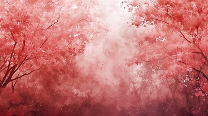 a watercolor-style depiction of a forest in various shades of pink and red, creating a dreamy and romantic Valentine's Day backdrop.
