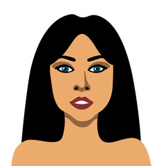 Vector image of portrait of beautiful young woman with blue eyes and dark hair minimalistic illustration
