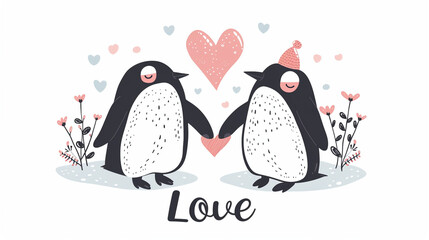 Two penguins holding flippers with a heart overhead and "Love" written below, Valentine's Day, flat illustration, white background, with copy space