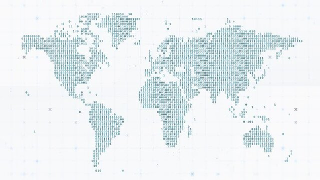 Digital World Map with Binary Codes and Matrix on a White Background