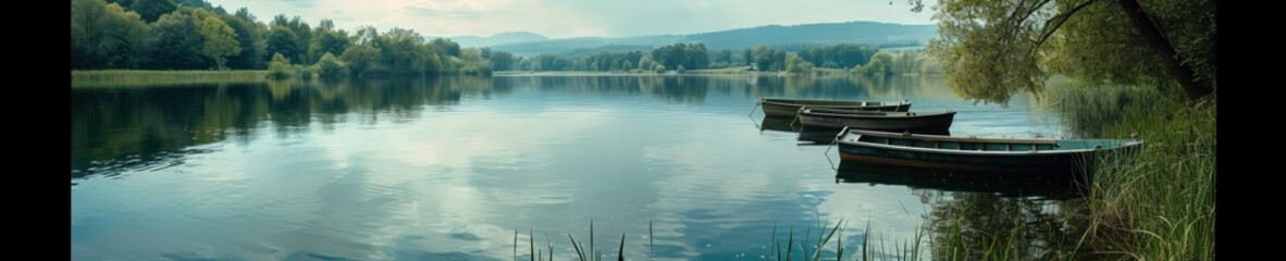 Obraz premium A panoramic view of a calm lake with boats and trees reflecting on the water surface, evoking a sense of peace and solitude.
