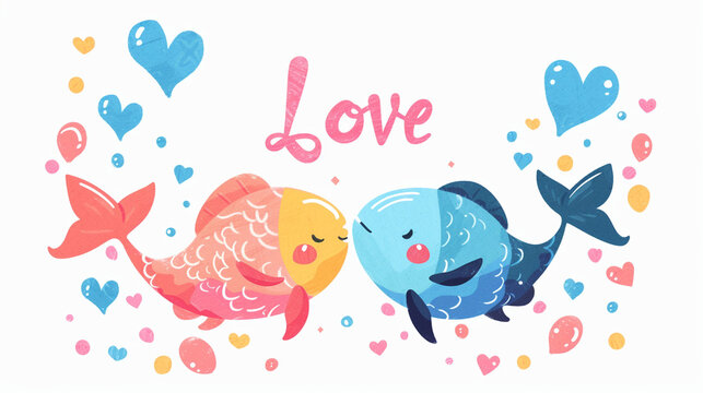 A couple of colorful fish with heart bubbles around them, "Love" floating above, Valentine's Day, flat illustration, white background, with copy space
